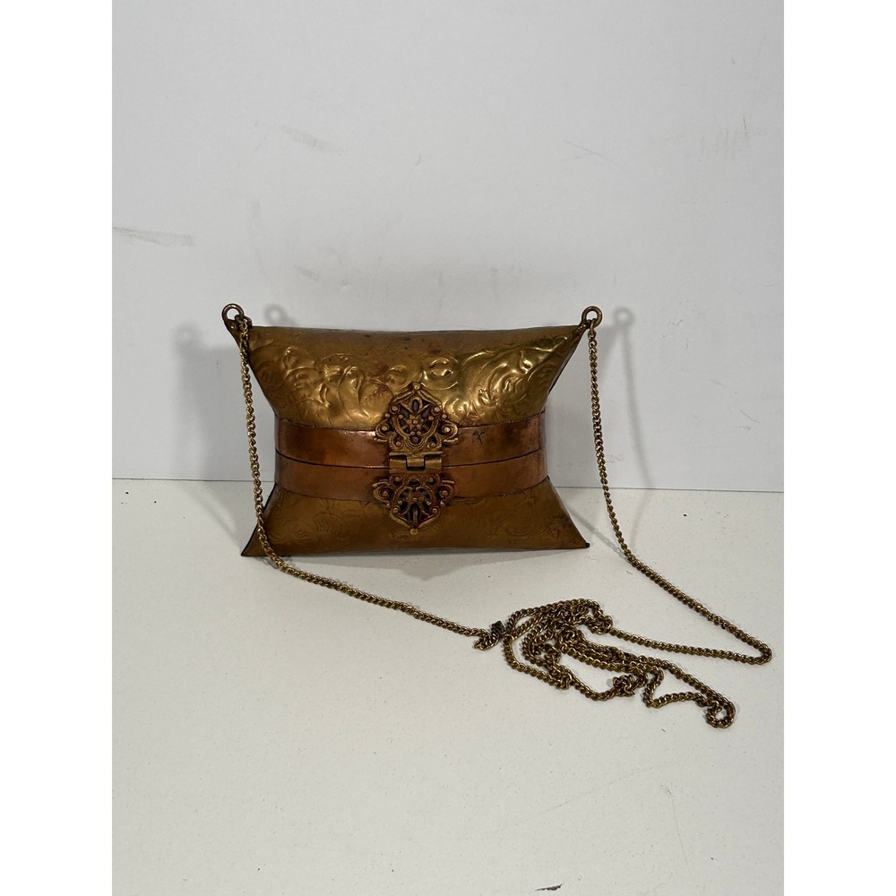 Vintage Embossed Brass Copper Pillow Clutch Bag Blue Lining Chain Strap